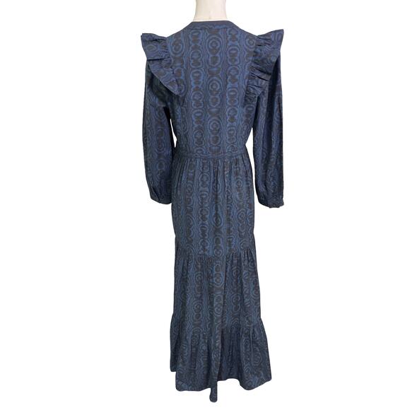 Cefinn Blue Ikat Ruffle Maxi Shirt Dress Belted Long Sleeve US 8 - Picture 7 of 9
